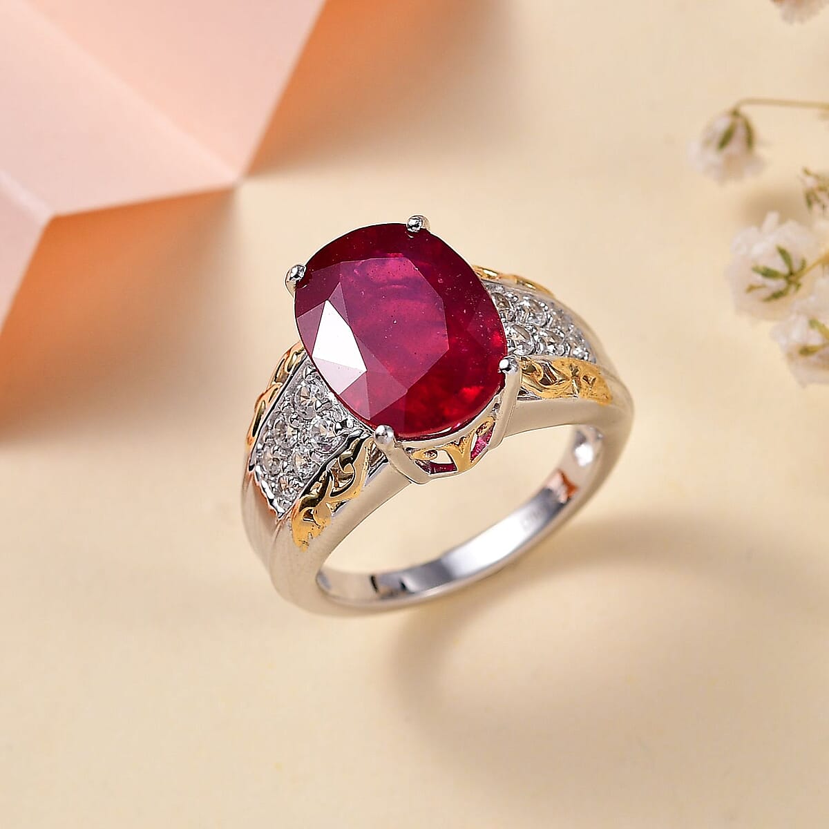 Niassa Ruby (FF) and White Zircon Ring in 18K Vermeil YG and Rhodium Over Sterling Silver (Size 6.0) 9.80 ctw image number 1