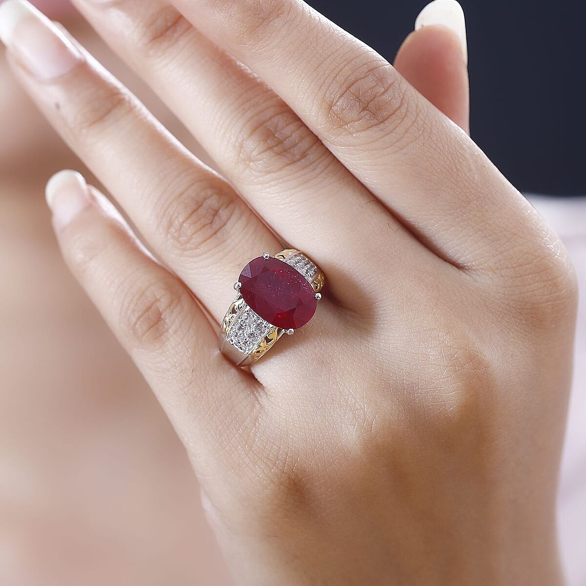 Niassa Ruby (FF) and White Zircon Ring in 18K Vermeil YG and Rhodium Over Sterling Silver (Size 6.0) 9.80 ctw image number 2
