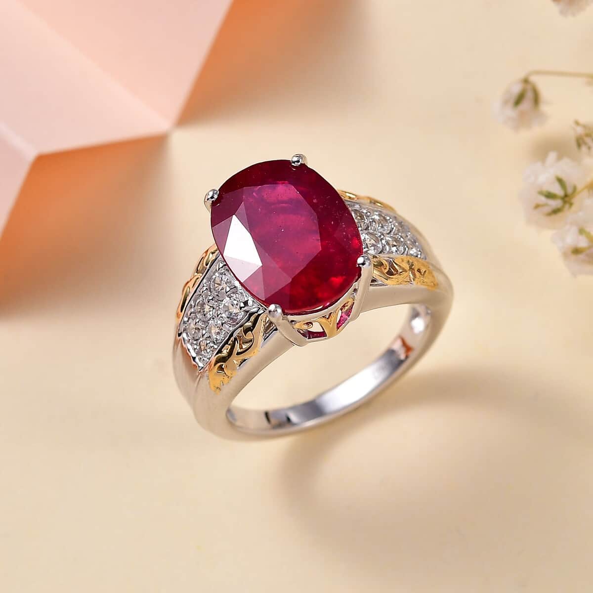 Niassa Ruby (FF), White Zircon Ring in 18K Vermeil YG and Rhodium Over Sterling Silver (Size 10.0) 10.80 ctw image number 1