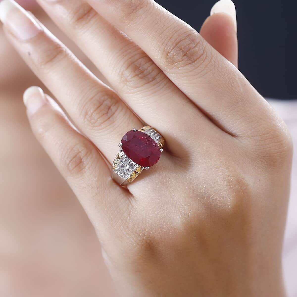 Niassa Ruby (FF) and White Zircon Ring in 18K Vermeil YG and Rhodium Over Sterling Silver (Size 7.0) 10.80 ctw (Del. in 5-7 Days)  image number 2