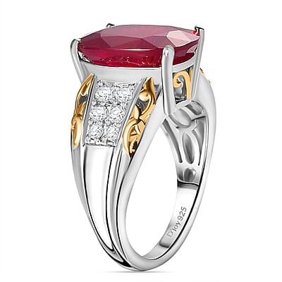 Niassa Ruby (FF) and White Zircon Ring in 18K Vermeil YG and Rhodium Over Sterling Silver (Size 7.0) 9.80 ctw