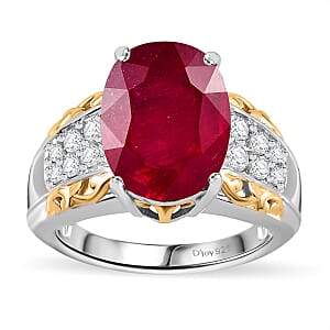 Niassa Ruby (FF) and White Zircon Ring in 18K Vermeil YG and Rhodium Over Sterling Silver (Size 9.0) 9.80 ctw