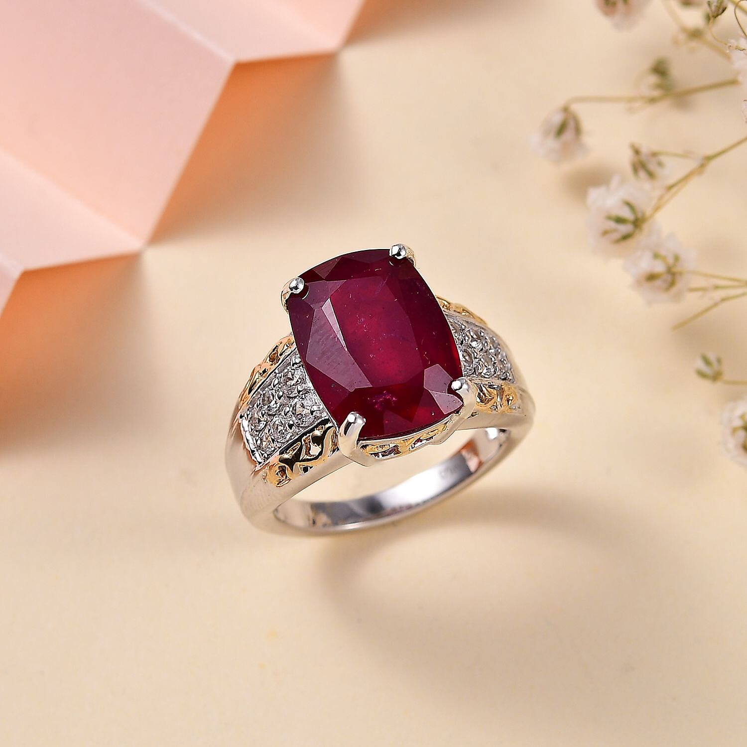 Niassa Ruby (FF) and White Zircon Ring in 18K Vermeil YG and Rhodium Over Sterling Silver (Size 10.0) 11.00 ctw