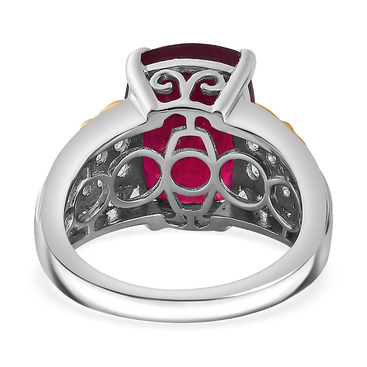 Niassa Ruby (FF) and White Zircon Ring in 18K Vermeil YG and Rhodium Over Sterling Silver (Size 10.0) 11.00 ctw