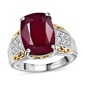Niassa Ruby (FF) and White Zircon Ring in 18K Vermeil YG and Rhodium Over Sterling Silver (Size 7.0) 11.00 ctw