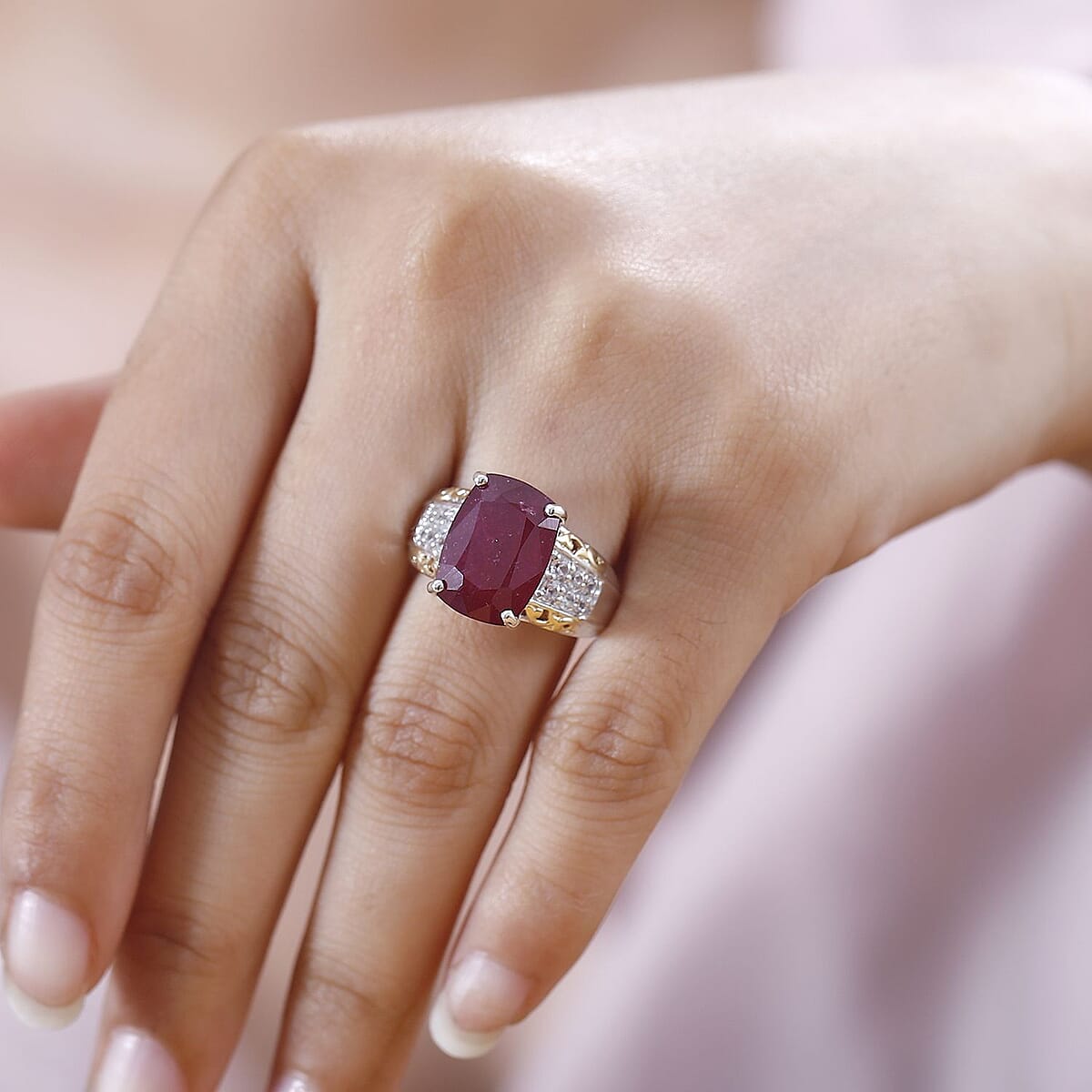 Niassa Ruby (FF) and White Zircon Ring in 18K Vermeil YG and Rhodium Over Sterling Silver (Size 7.0) 11.00 ctw image number 2