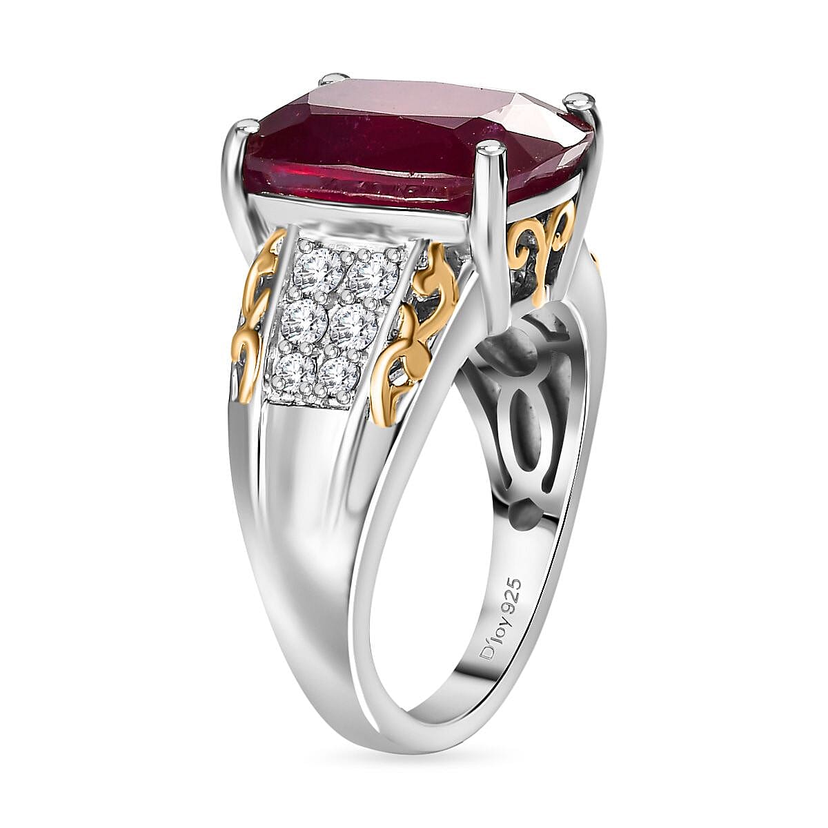 Niassa Ruby (FF) and White Zircon Ring in 18K Vermeil YG and Rhodium Over Sterling Silver (Size 7.0) 11.00 ctw image number 3