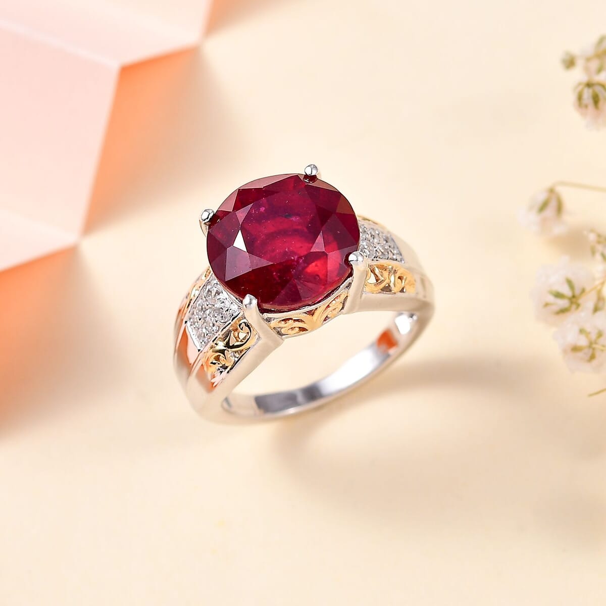 Niassa Ruby (FF) and White Zircon Ring in 18K Vermeil YG and Rhodium Over Sterling Silver (Size 7.0) 10.25 ctw image number 1