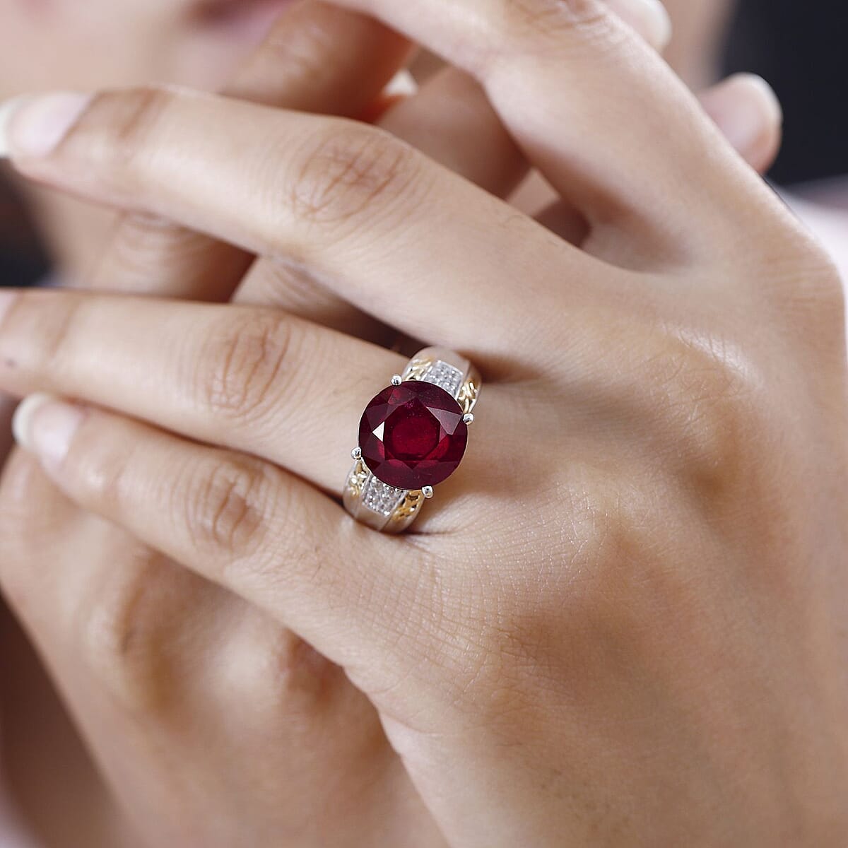 Niassa Ruby (FF) and White Zircon Ring in 18K Vermeil YG and Rhodium Over Sterling Silver (Size 9.0) 10.25 ctw image number 2