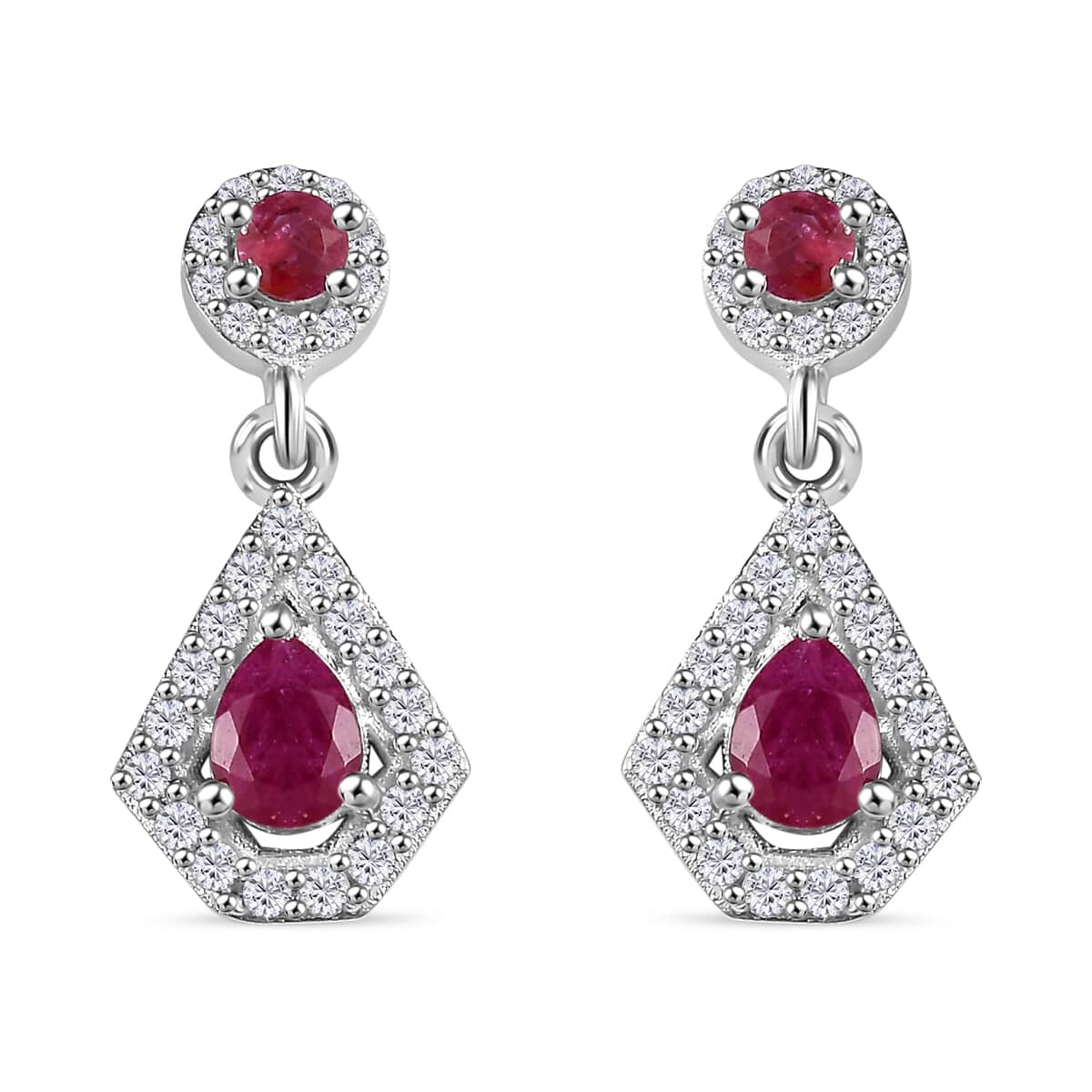 Montepuez Ruby and White Zircon Dangling Earrings in Rhodium Over Sterling Silver 0.90 ctw image number 0