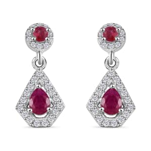Montepuez Ruby and White Zircon Dangling Earrings in Rhodium Over Sterling Silver 0.90 ctw