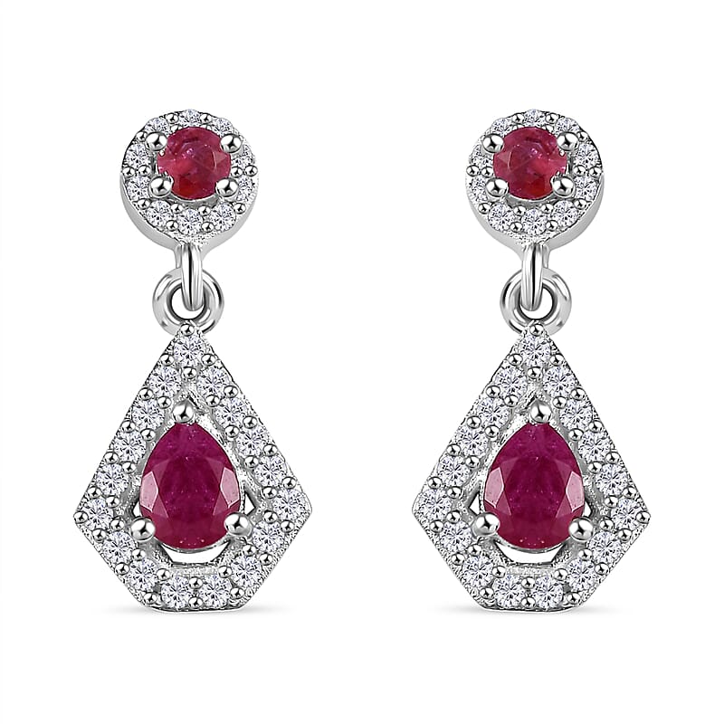 Montepuez Ruby and White Zircon Dangling Earrings in Rhodium Over Sterling Silver 0.90 ctw