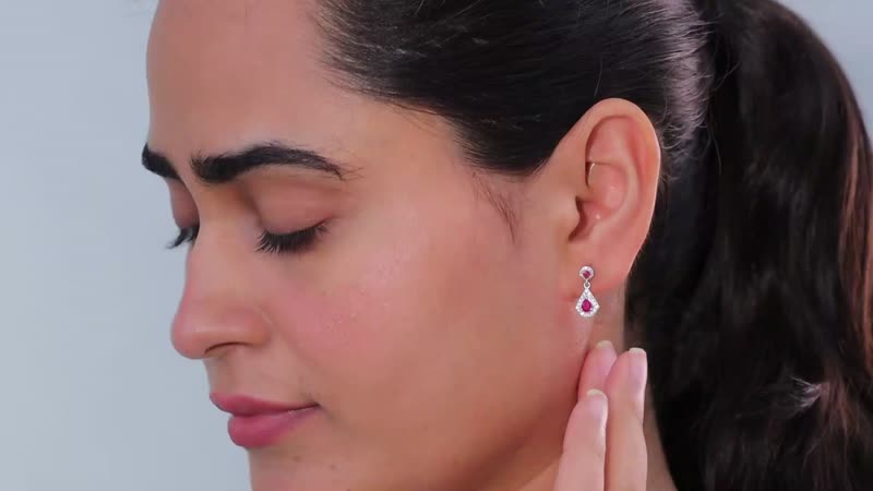 Montepuez Ruby and White Zircon Dangling Earrings in Rhodium Over Sterling Silver 0.90 ctw