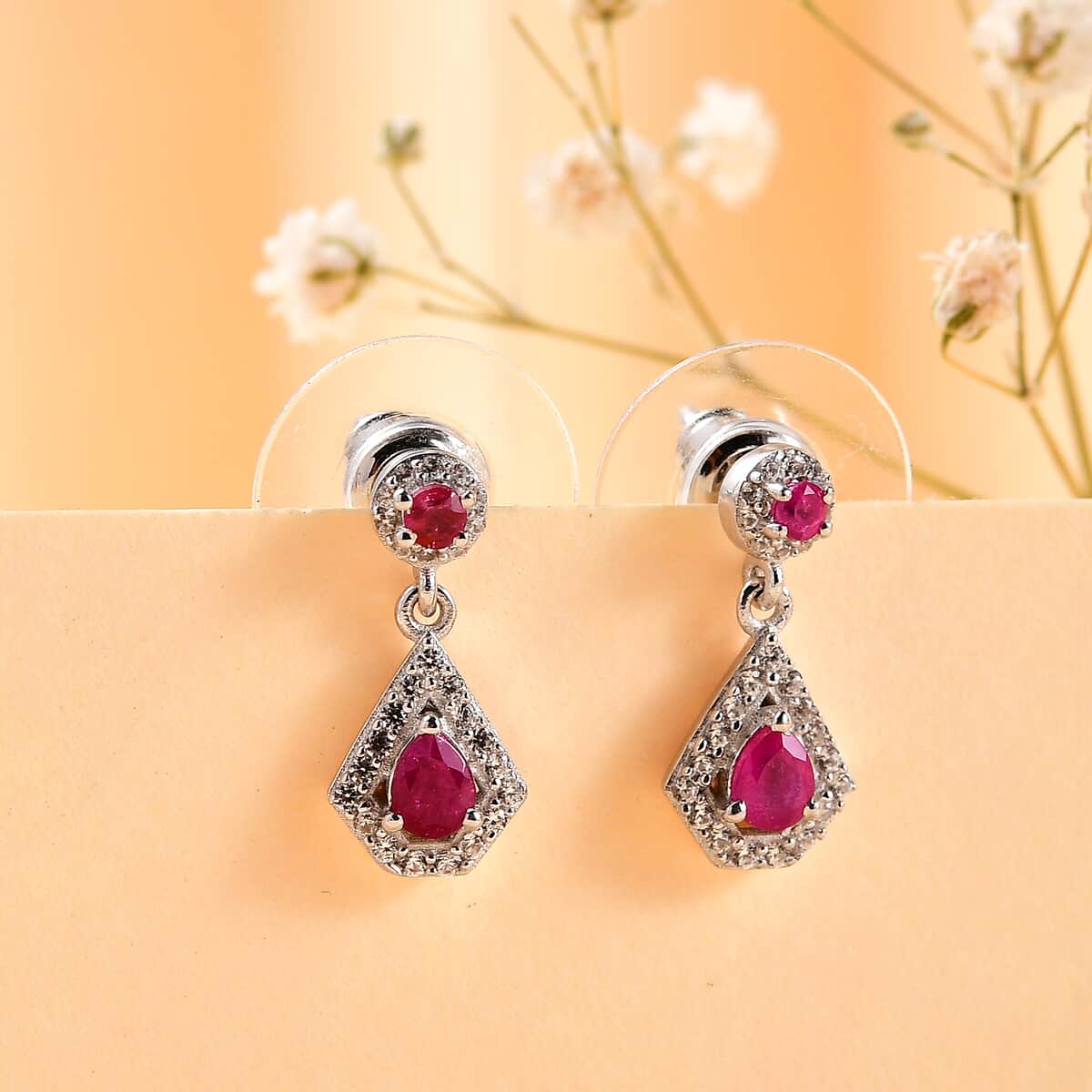 Montepuez Ruby and White Zircon Dangling Earrings in Rhodium Over Sterling Silver 0.90 ctw image number 1