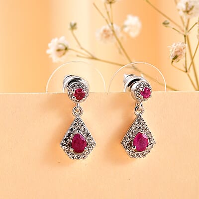 Montepuez Ruby and White Zircon Dangling Earrings in Rhodium Over Sterling Silver 0.90 ctw