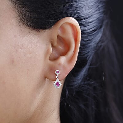 Montepuez Ruby and White Zircon Dangling Earrings in Rhodium Over Sterling Silver 0.90 ctw