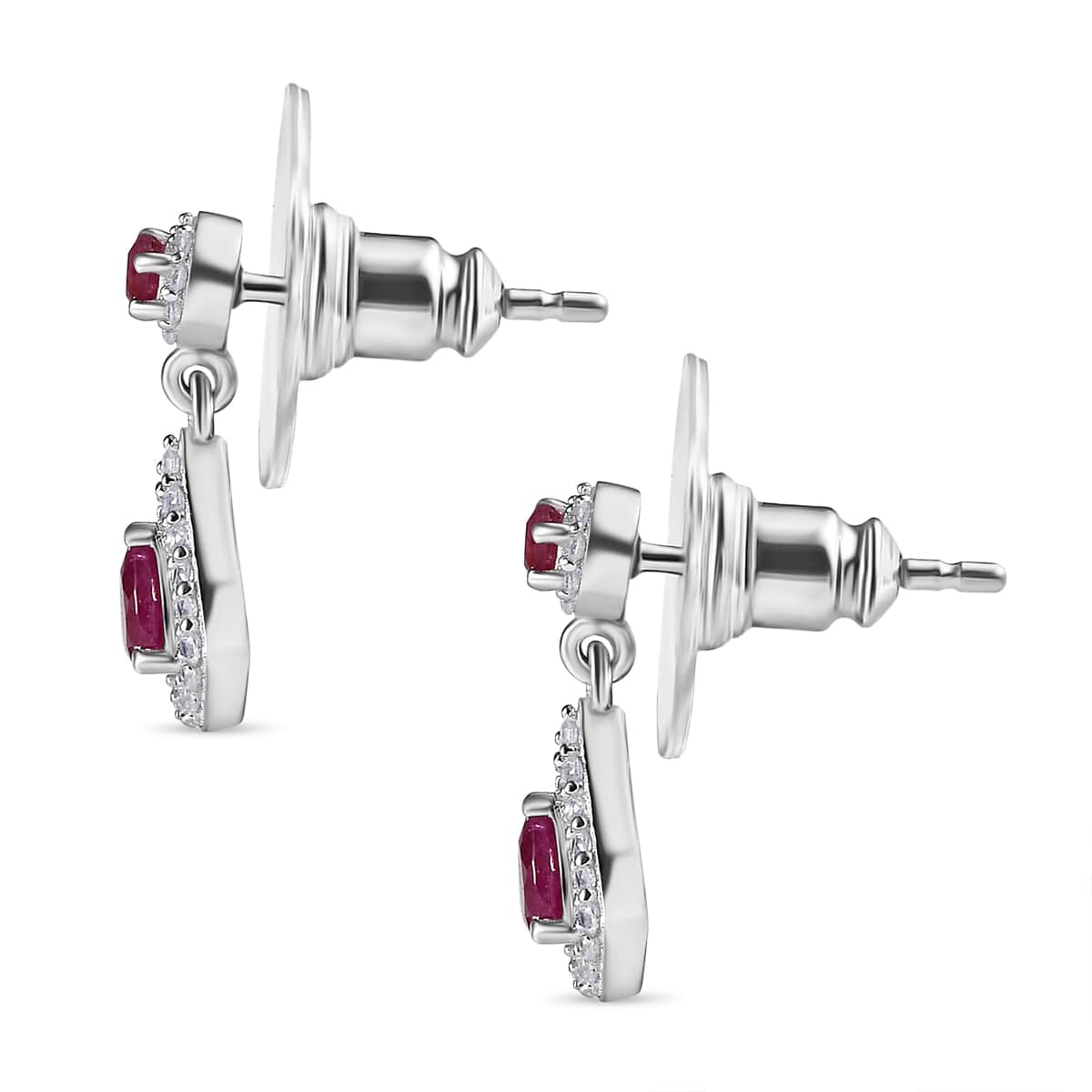 Montepuez Ruby and White Zircon Dangling Earrings in Rhodium Over Sterling Silver 0.90 ctw image number 3