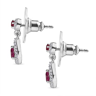 Montepuez Ruby and White Zircon Dangling Earrings in Rhodium Over Sterling Silver 0.90 ctw