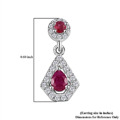 Montepuez Ruby and White Zircon Dangling Earrings in Rhodium Over Sterling Silver 0.90 ctw