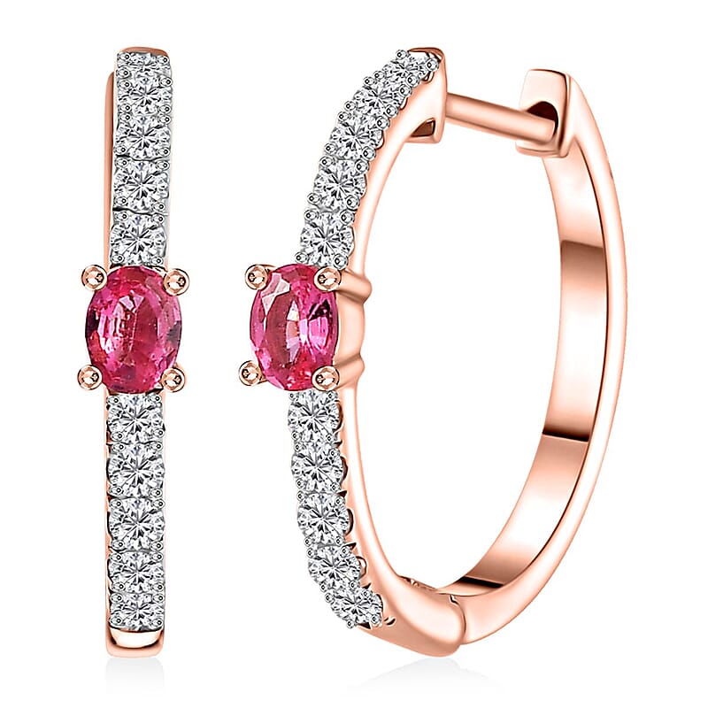 D'Joy Premium Mahenge Spinel and Moissanite 0.85 ctw Modern Glamour Hoop Earrings in 18K Vermeil Rose Gold Over Sterling Silver
