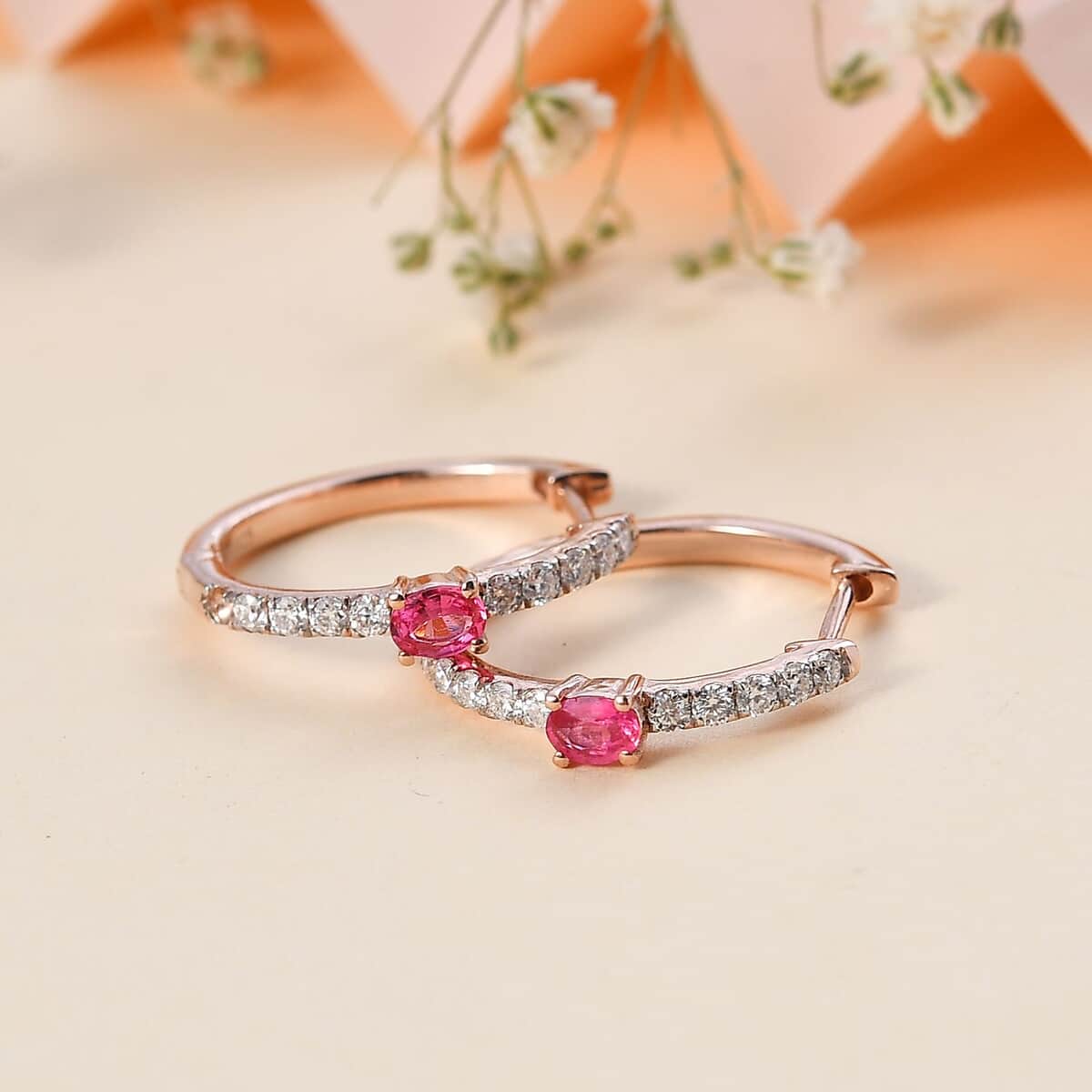 Premium Mahenge Spinel and Moissanite 0.85 ctw Modern Glamour Hoop Earrings in 18K Vermeil Rose Gold Over Sterling Silver image number 1