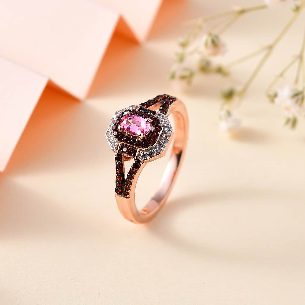 Premium Mahenge Spinel, Brown and White Zircon Art Deco Ring in 18K Vermeil Rose Gold Over Sterling Silver (Size 10.0) 0.65 ctw image number 1