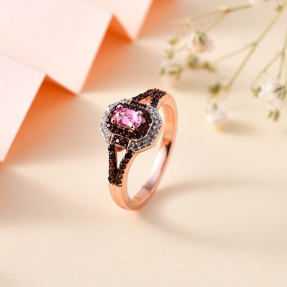 Premium Mahenge Spinel, Brown and White Zircon Art Deco Ring in 18K Vermeil Rose Gold Over Sterling Silver (Size 9.0) 0.65 ctw image number 1