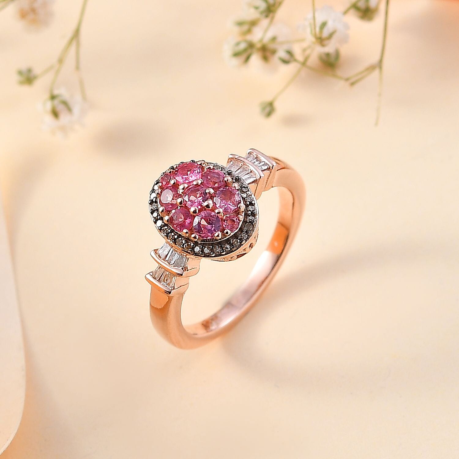 Premium Mahenge Spinel, Natural Champagne and White Diamond Modern Glamour Ring in 18K Vermeil Rose Gold Over Sterling Silver (Size 10.0) 0.80 ctw