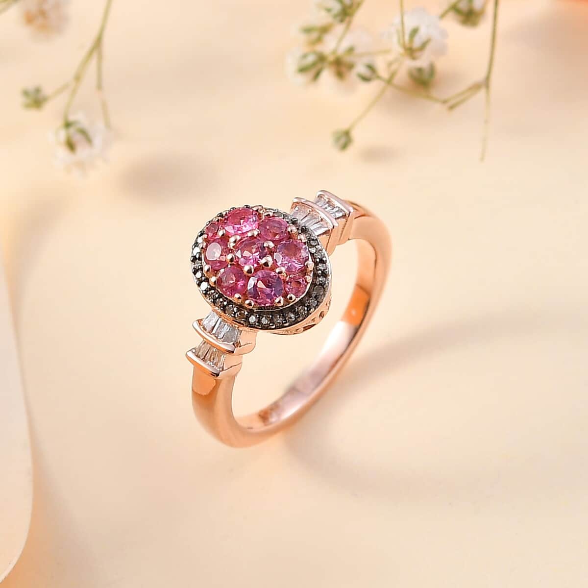 Premium Mahenge Spinel, Natural Champagne and White Diamond Modern Glamour Ring in 18K Vermeil Rose Gold Over Sterling Silver (Size 10.0) 0.80 ctw image number 1