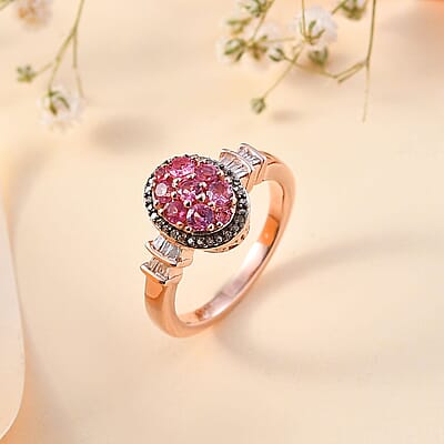 Premium Mahenge Spinel, Natural Champagne and White Diamond Modern Glamour Ring in 18K Vermeil Rose Gold Over Sterling Silver (Size 10.0) 0.80 ctw