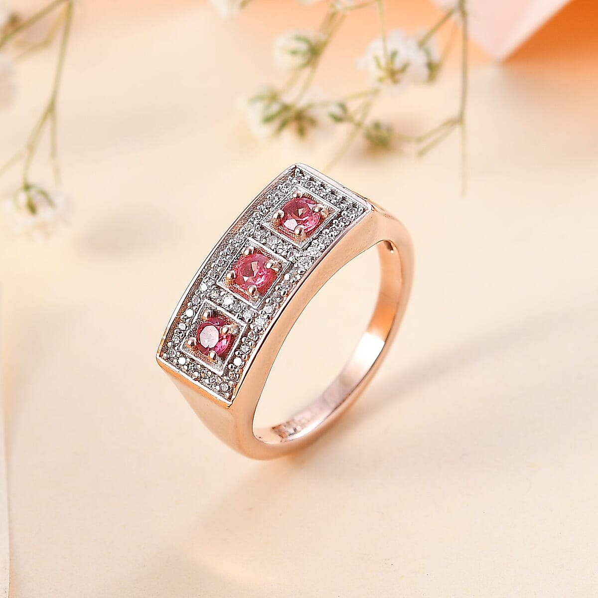 Premium Mahenge Spinel and White Zircon Art Deco Ring in 18K Vermeil Rose Gold Over Sterling Silver (Size 7.0) 0.60 ctw image number 1