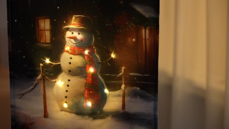 Hanging Snowman Illuminated by Lights Painting with LED (11.8"x23.6")