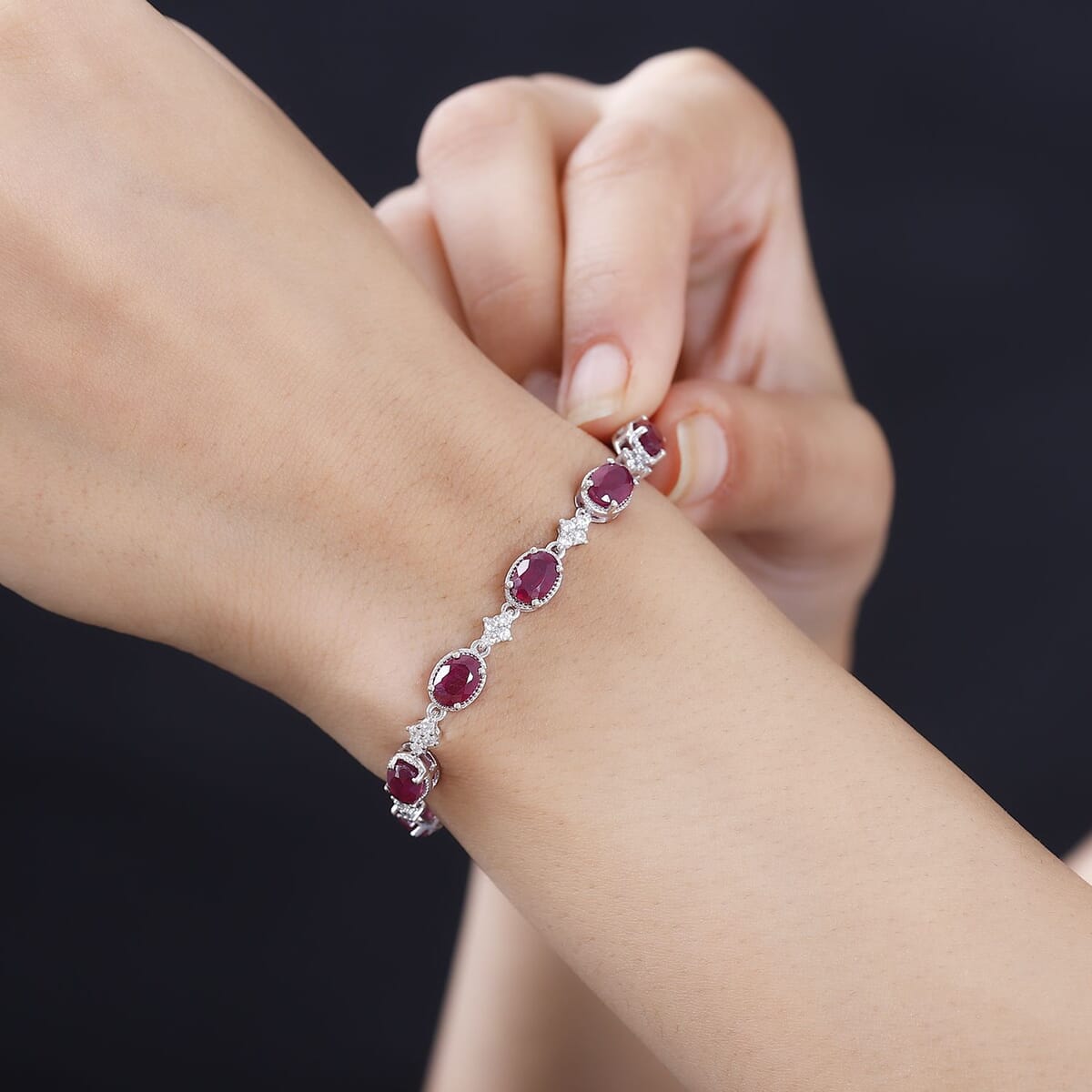 Niassa Ruby (FF) and White Zircon 16.60 ctw Bracelet in Rhodium Over Sterling Silver (7.25 In) image number 2