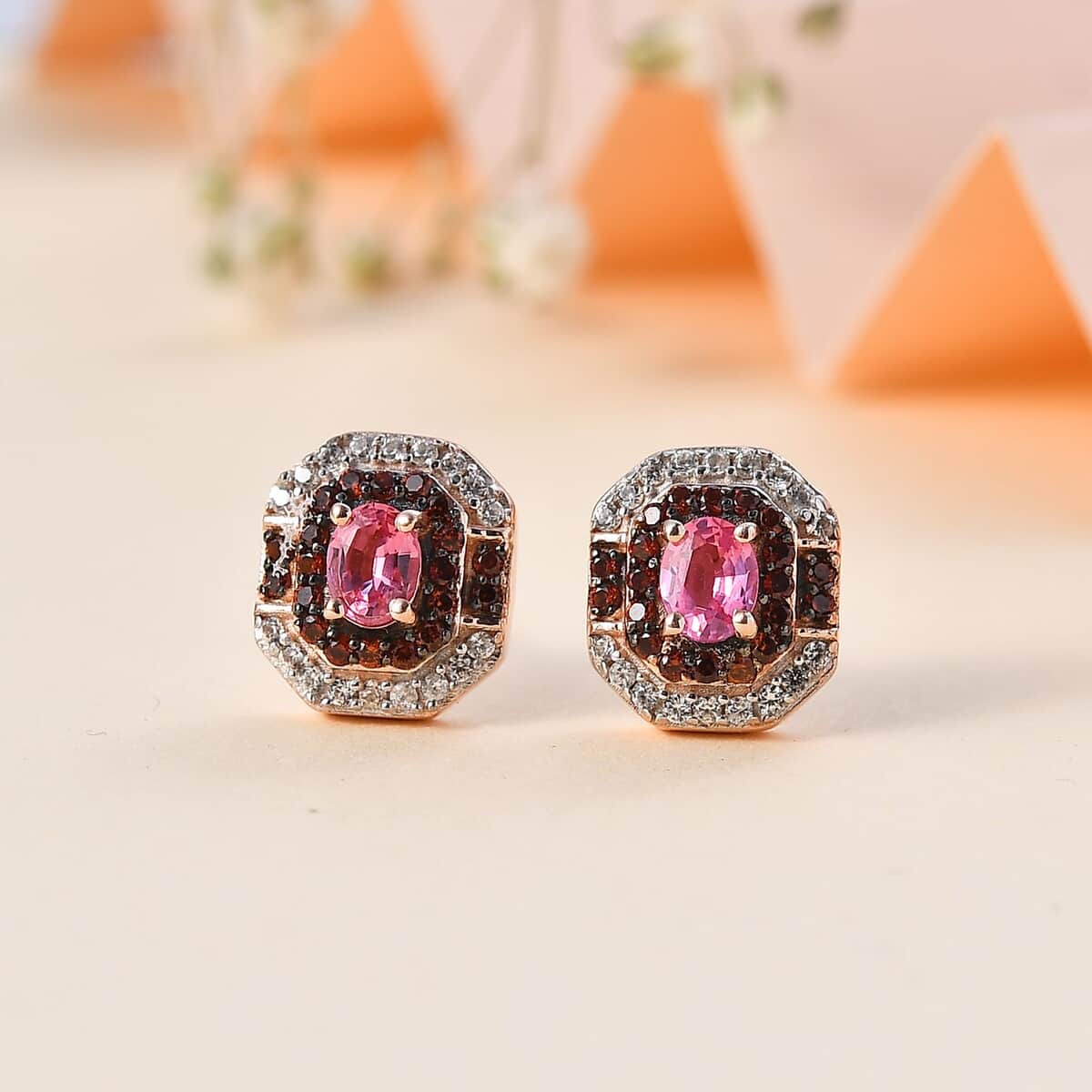 Premium Mahenge Spinel, Brown and White Zircon Art Deco Earrings in 18K Vermeil Rose Gold Over Sterling Silver 0.80 ctw image number 1