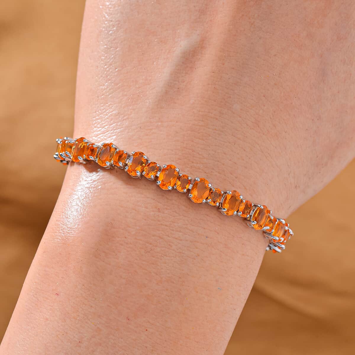 Mexican Fire Opal 10.00 ctw Tennis Bracelet in Rhodium Over Sterling Silver (7.25 In) image number 1