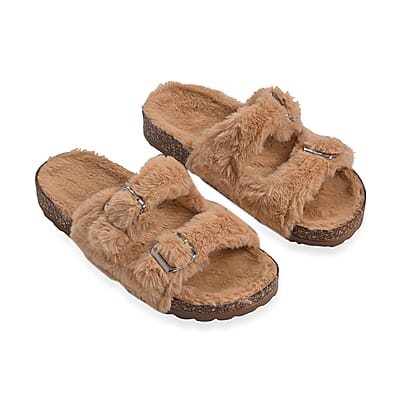 Tan Women's Fur Buckle Sandal - (Size 6.5-7)