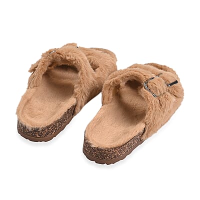Tan Women's Fur Buckle Sandal - (Size 6.5-7)