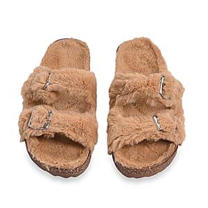 Tan Women's Fur Buckle Sandal - (Size 9-9.5)