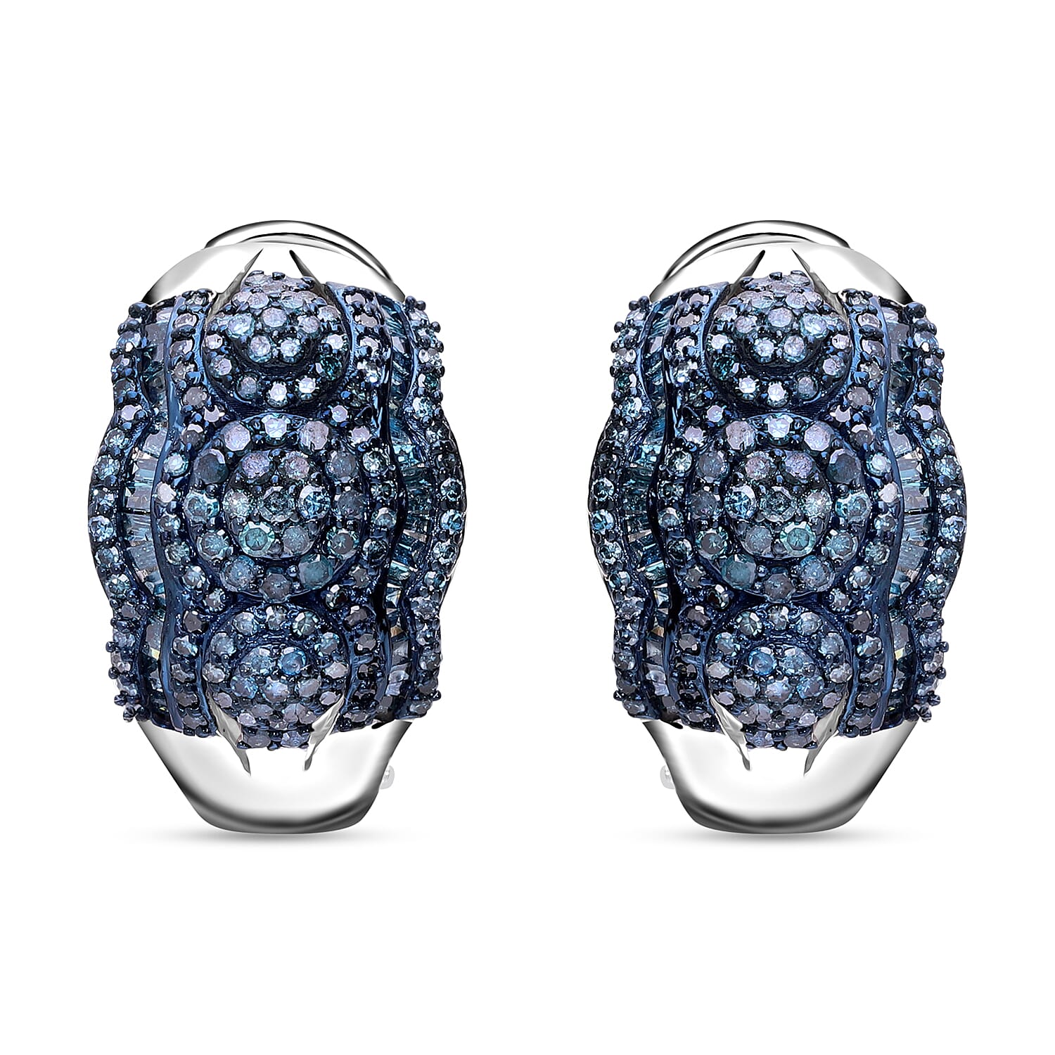 Blue Diamond Omega Clip Earrings in Platinum Over Sterling Silver 1.50 ctw
