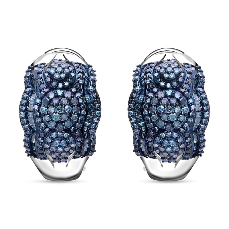 Blue Diamond Omega Clip Earrings in Platinum Over Sterling Silver 1.50 ctw