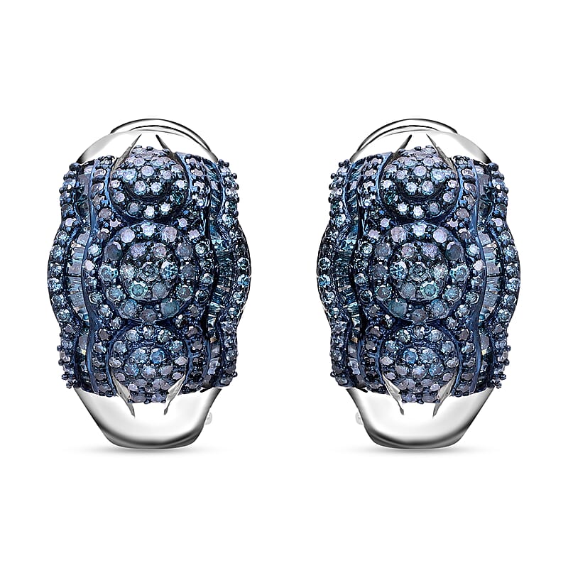 Blue Diamond Omega Clip Earrings in Platinum Over Sterling Silver 1.50 ctw
