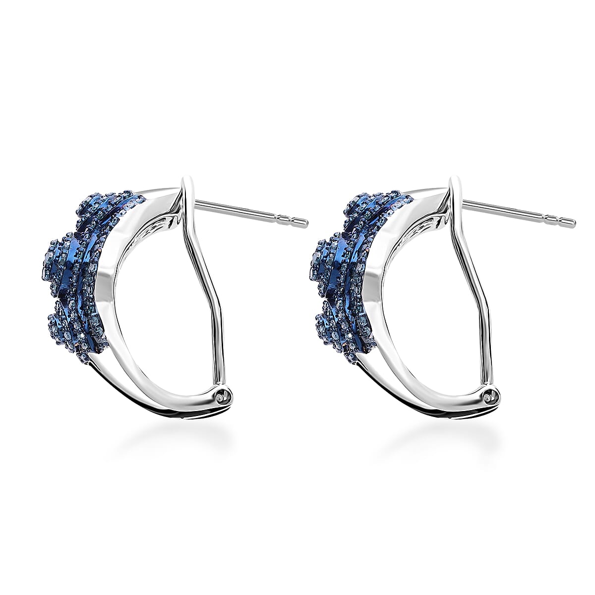 Blue Diamond Omega Clip Earrings in Platinum Over Sterling Silver 1.50 ctw