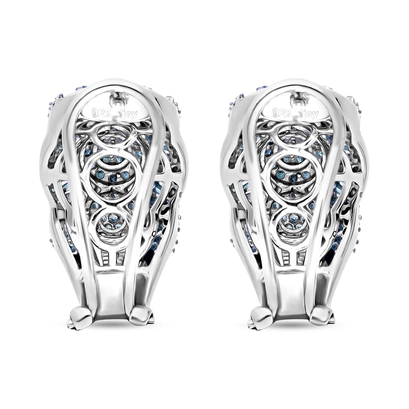 Blue Diamond Omega Clip Earrings in Platinum Over Sterling Silver 1.50 ctw