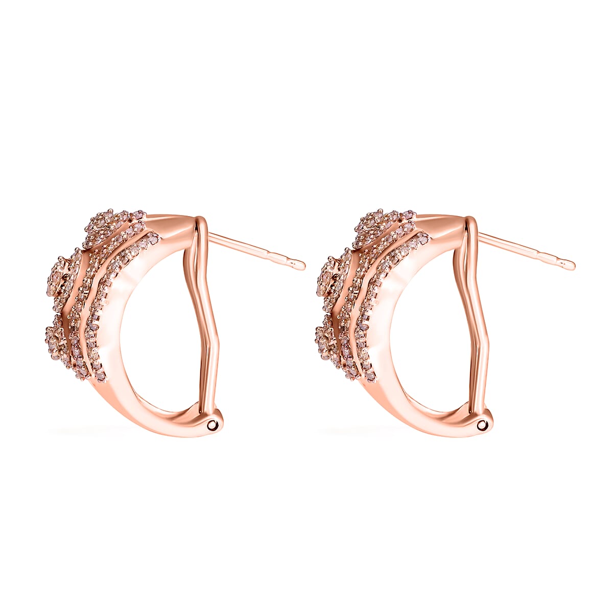 Natural Champagne Diamond Omega Clip Earrings in Vermeil Rose Gold Over Sterling Silver 1.50 ctw image number 3