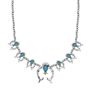 Artisan Crafted Sleeping Beauty Turquoise Squash Blossom Necklace 18-20 Inches in Sterling Silver 4.60 ctw