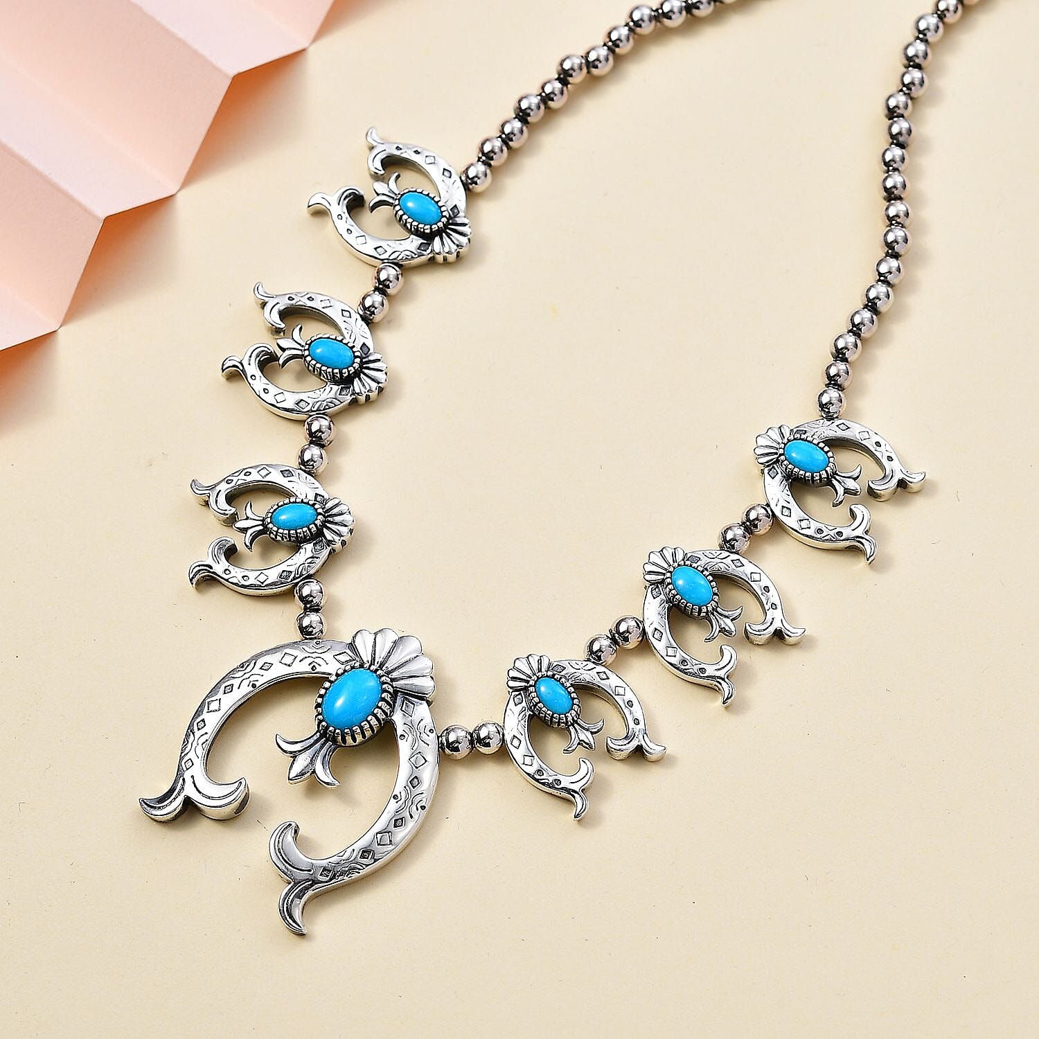 Artisan Crafted Sleeping Beauty Turquoise Squash Blossom Necklace 18-20 Inches in Sterling Silver 4.60 ctw