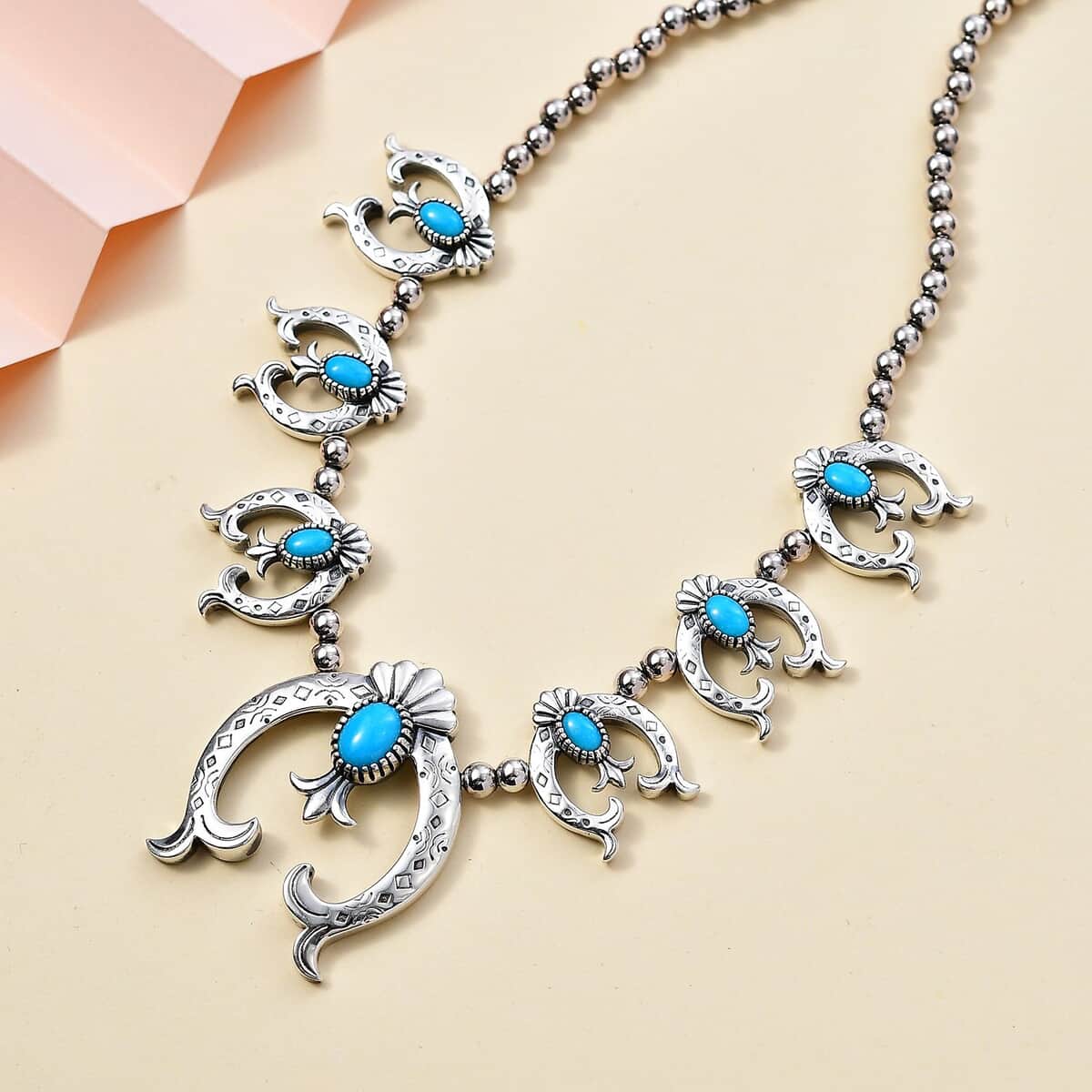 Artisan Crafted Sleeping Beauty Turquoise Squash Blossom Necklace 18-20 Inches in Sterling Silver 4.60 ctw (Del. in 10-12 Days) image number 1