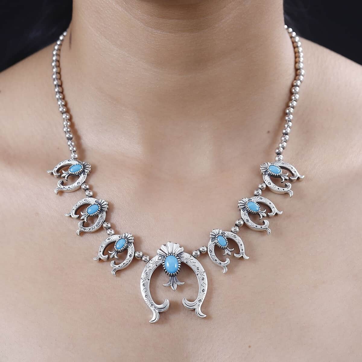 Artisan Crafted Sleeping Beauty Turquoise Squash Blossom Necklace 18-20 Inches in Sterling Silver 4.60 ctw (Del. in 10-12 Days) image number 2