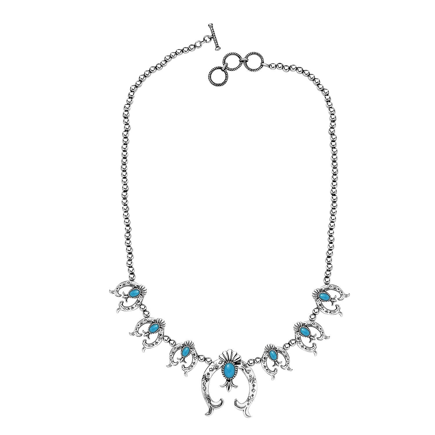 Artisan Crafted Sleeping Beauty Turquoise Squash Blossom Necklace 18-20 Inches in Sterling Silver 4.60 ctw
