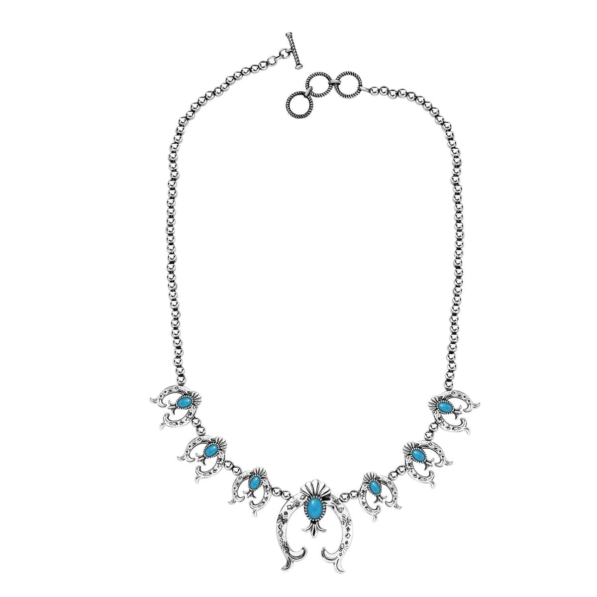 Artisan Crafted Sleeping Beauty Turquoise Squash Blossom Necklace 18-20 Inches in Sterling Silver 4.60 ctw (Del. in 10-12 Days) image number 3